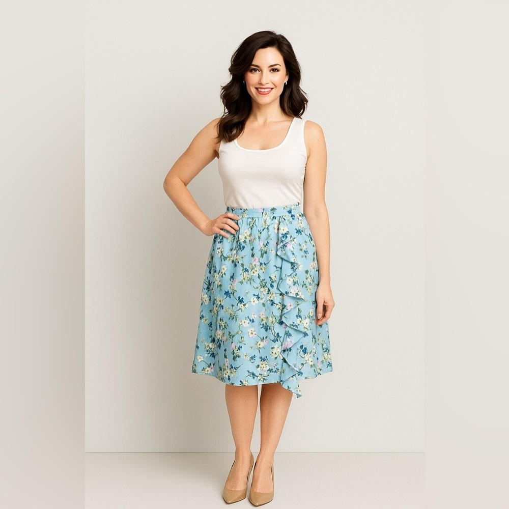 NEW Ted Baker Women's Elastic Waistband Blue Floral Ruffle Skirt Size Medium M
